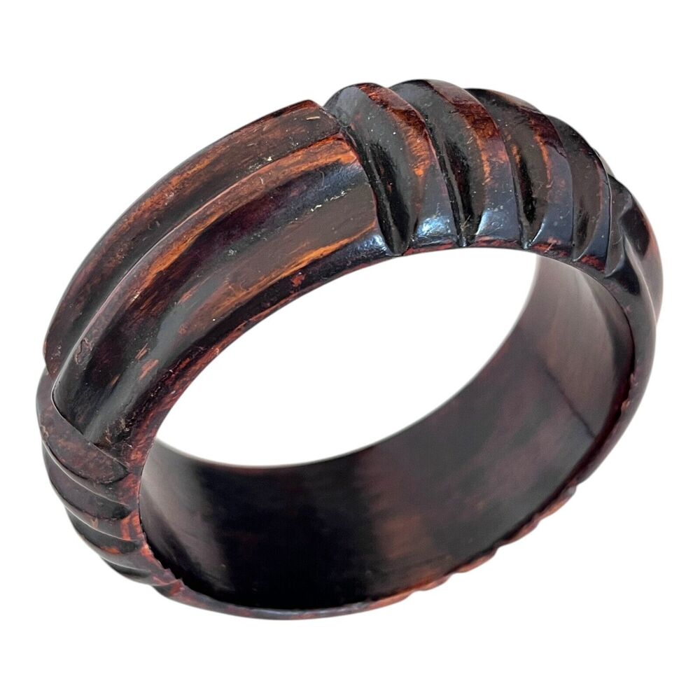 Vintage 1970s Wide Bangle Bracelet Dark Brown Ribbed - 12Y